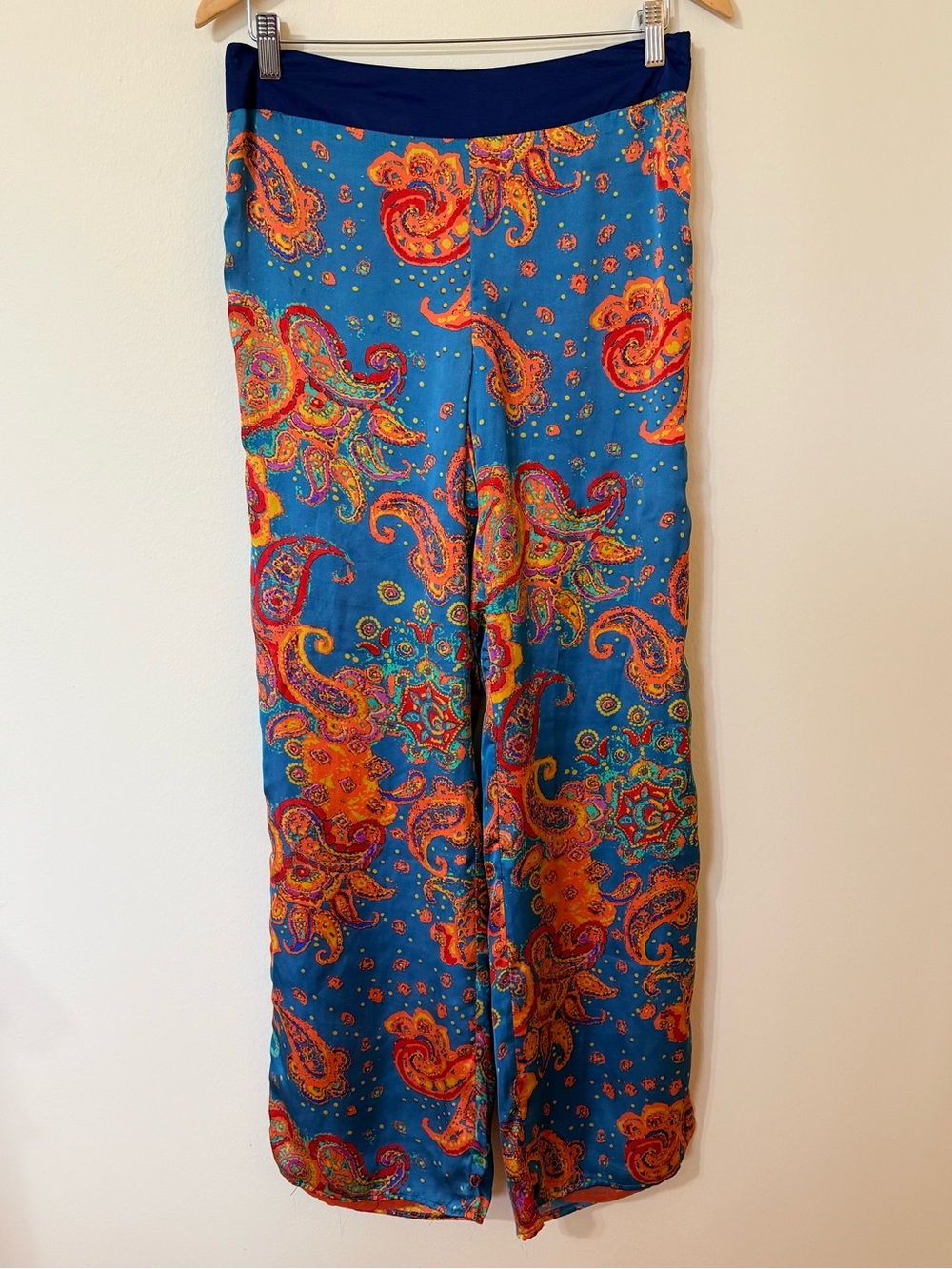 Flying Tomato Teal Wide-Leg Pants with Orange Paisley Print and Split Hem